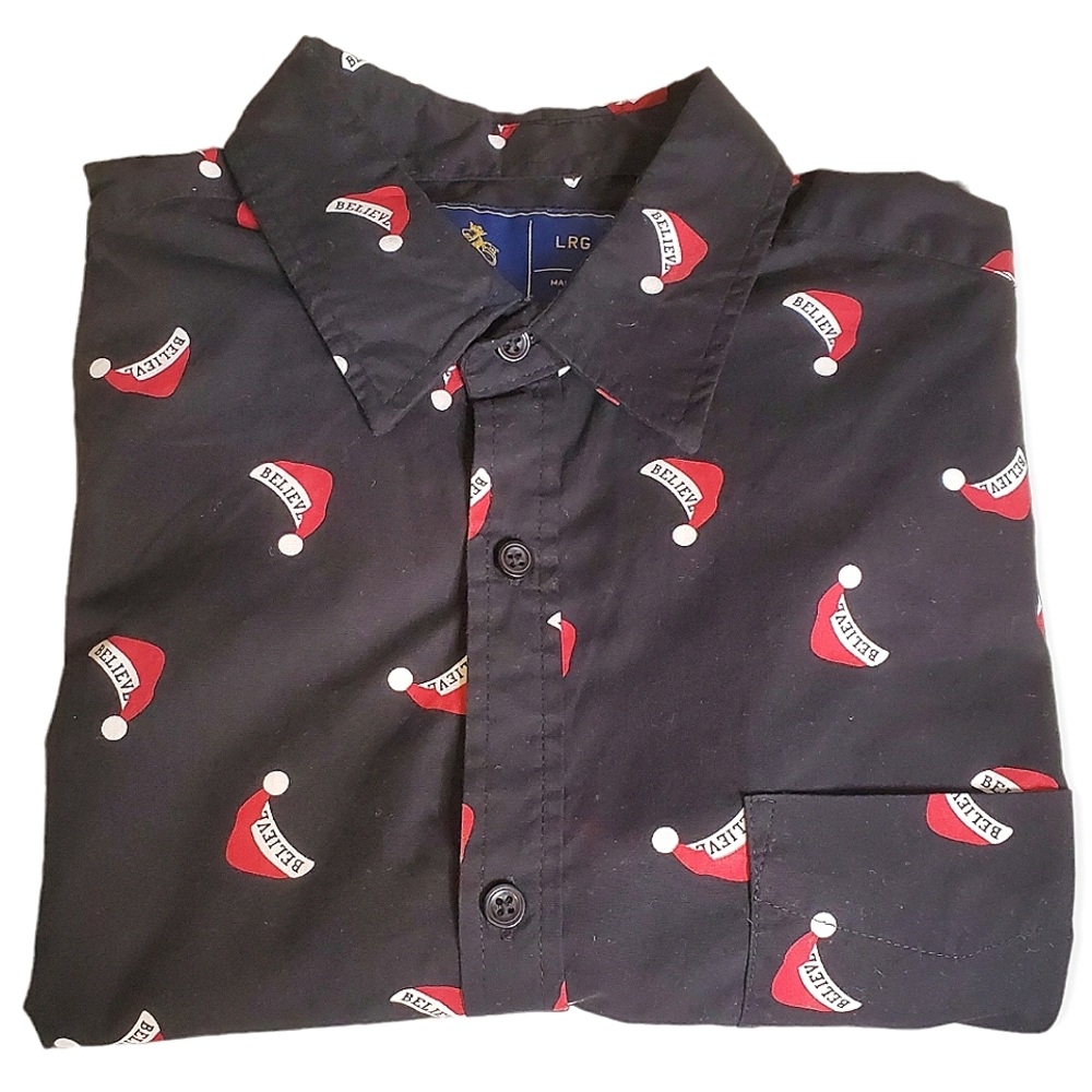 RUGBY UNIVERSITY | Mens black santa hat short-sleeve button-front shirt. Size L.